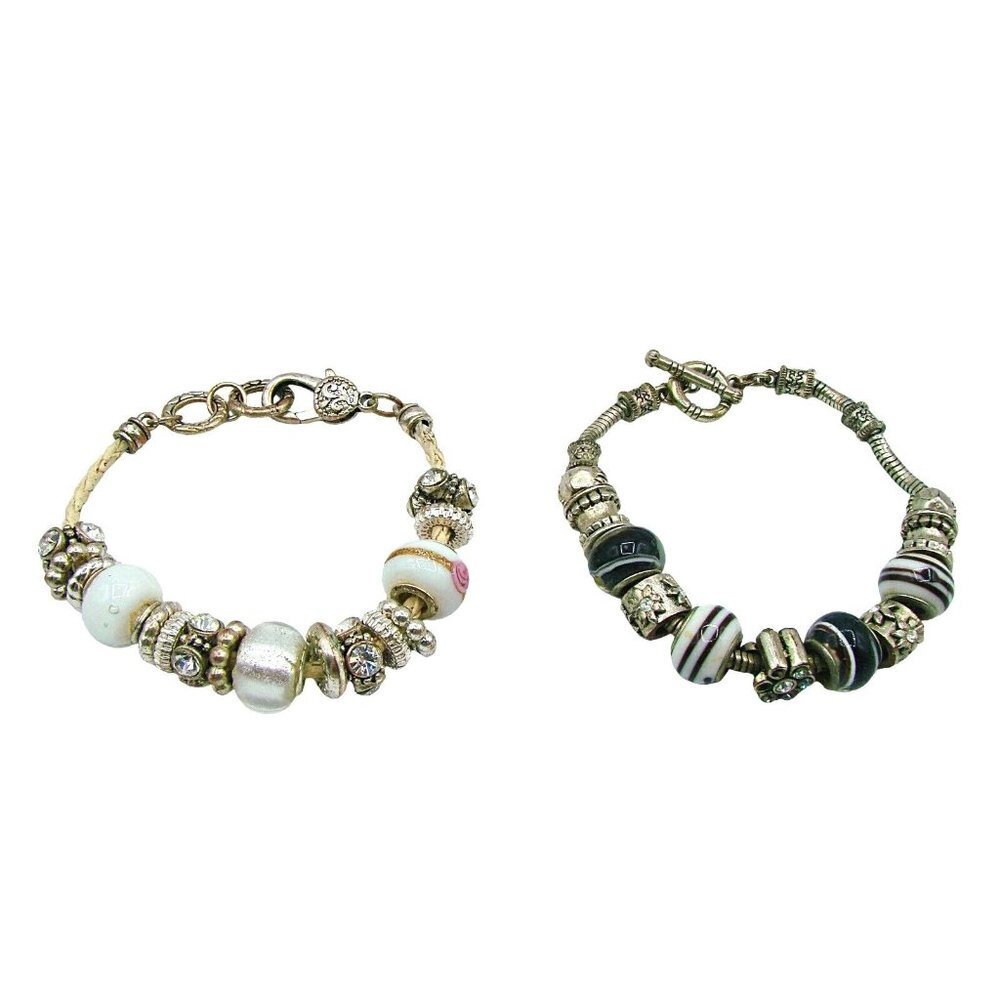 Set 2 Charm Bracelets Glass Beads Rhinestones Silver Gold Tones Rope Crafts 7"